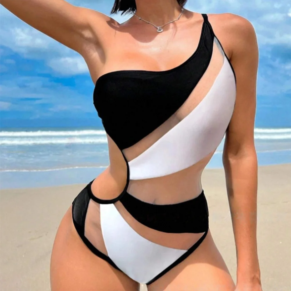 Women One-Piece Swimsuit One-shoulder Mesh Hollow Out Spliced Bathing Suit Beachwear Black White Bikini Swimwear view 2
