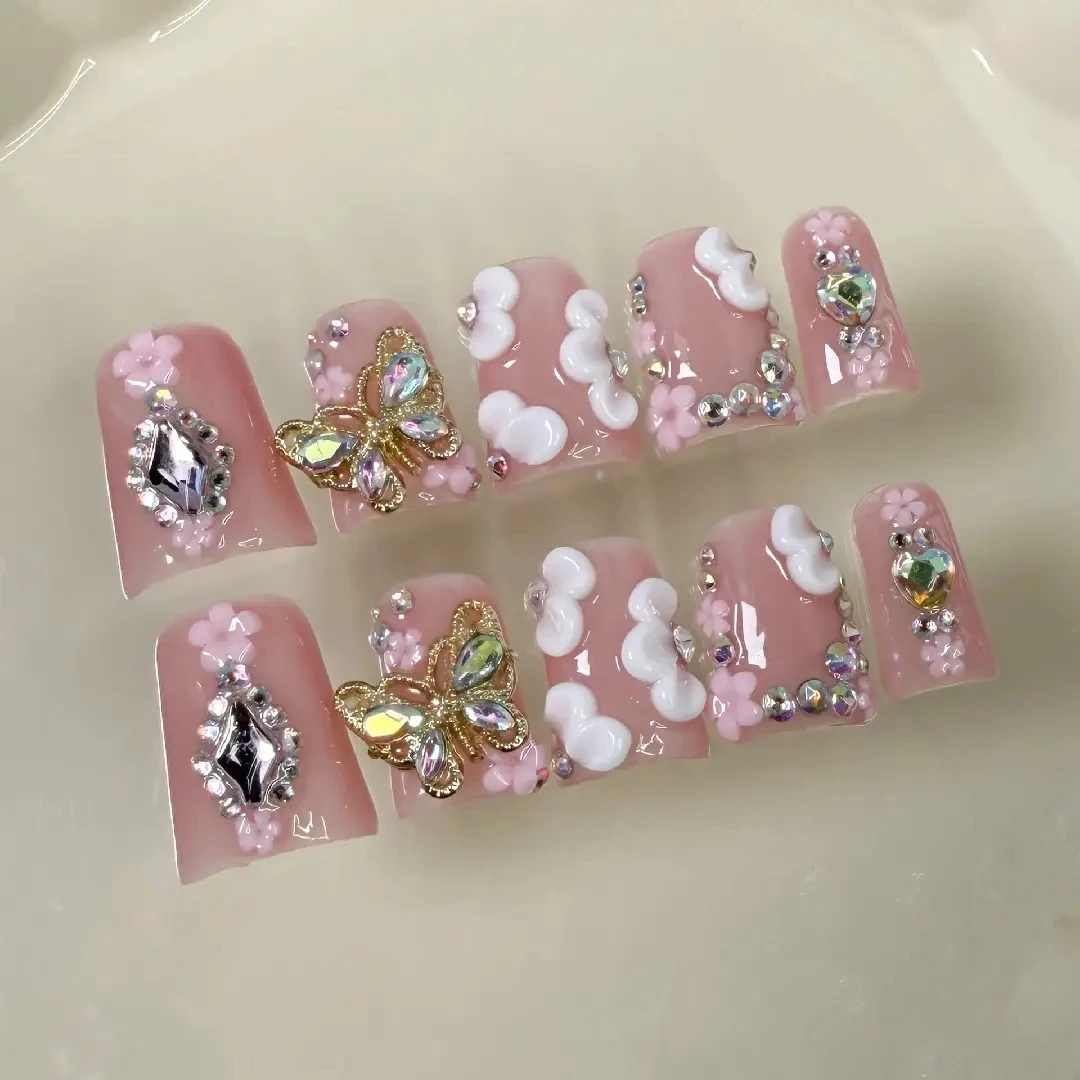 10pcs high-end Luxurious style model, hand-painted three-dimensional golden butterfly, flowers, dazzling rhinestones handmade