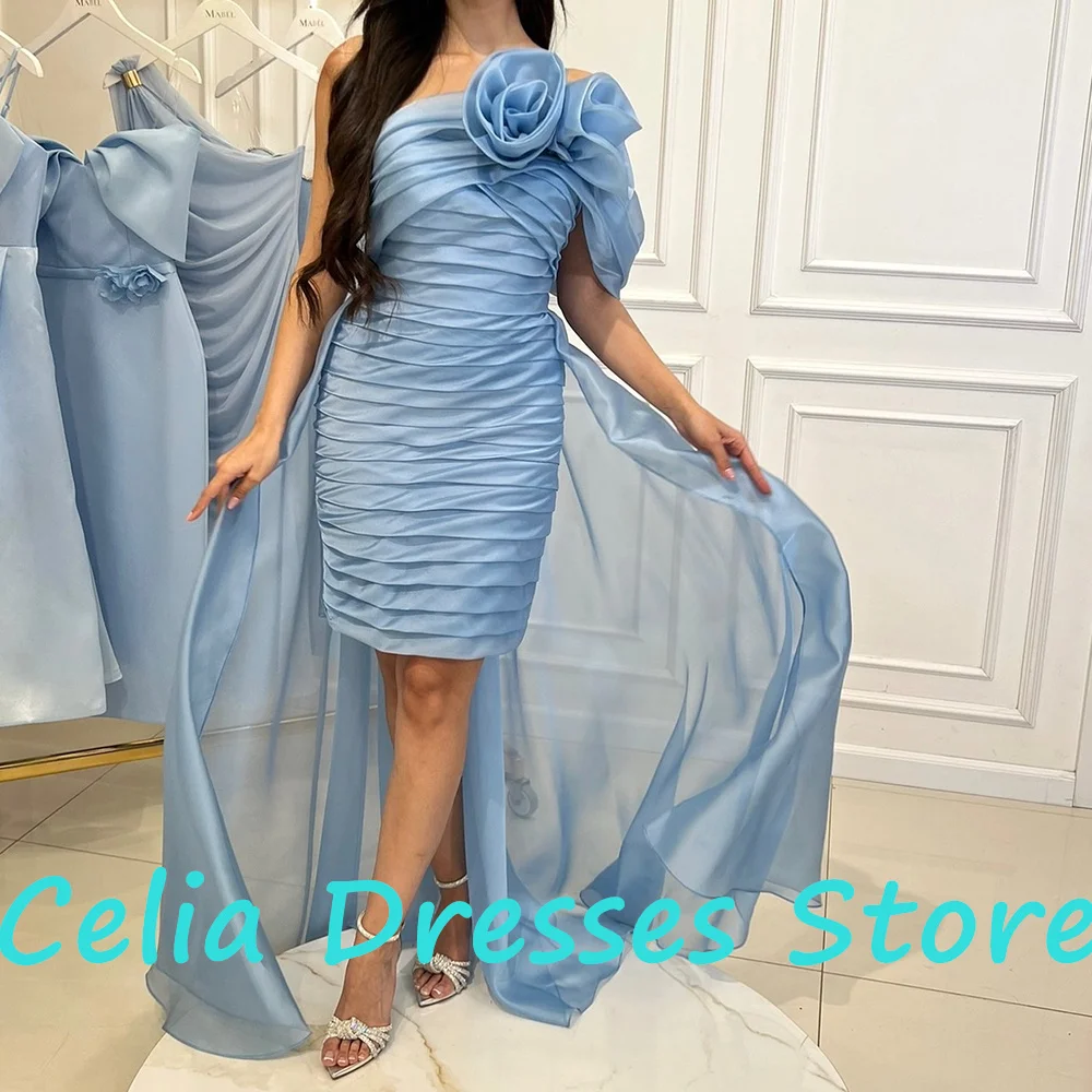 Elegant Party Dresses Woman Straight Knee Length Short Sleeves One Shoulder Pleats Solid Color 3D Flowers Special Occasion Gowns