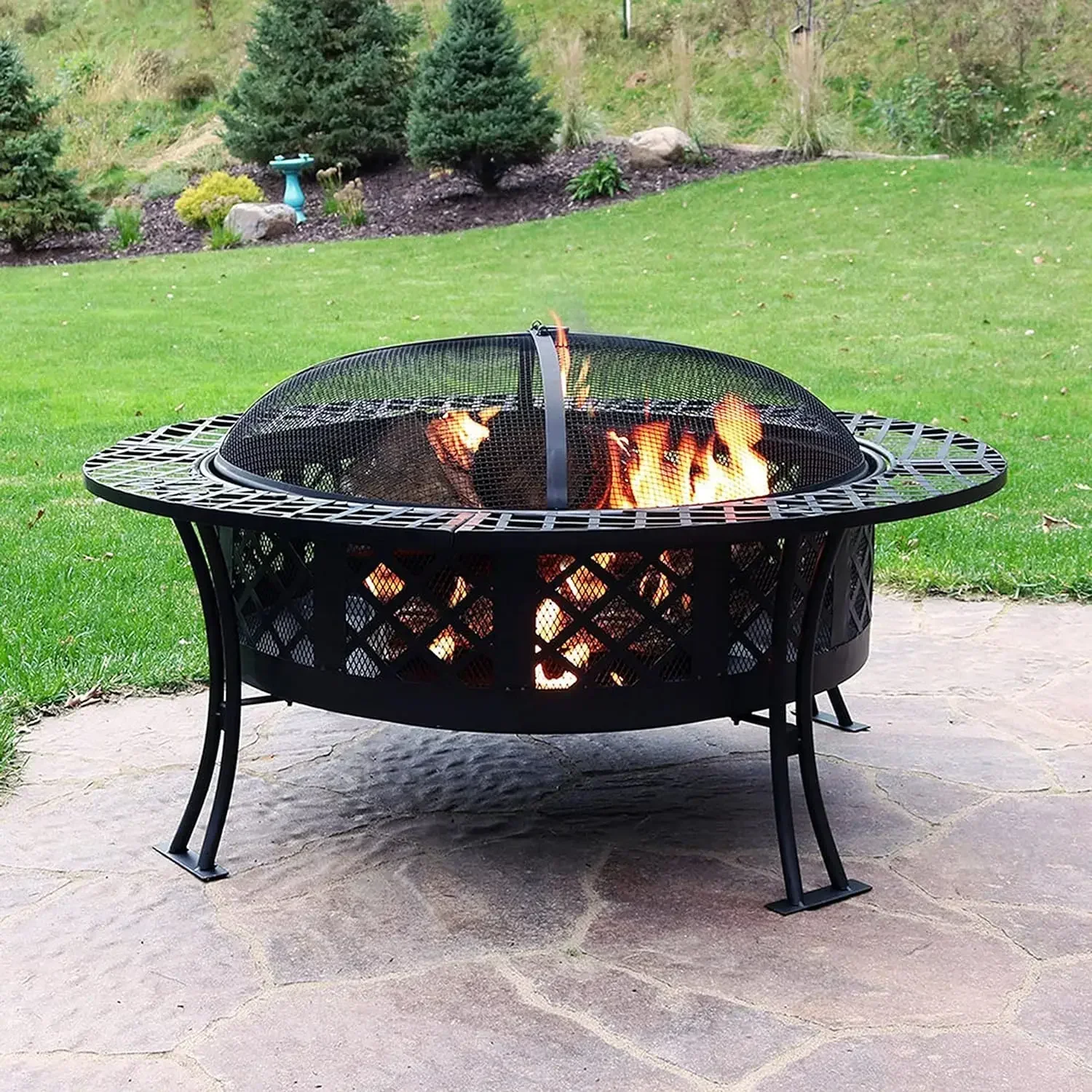 Sunnydaze 40-Inch Round Steel Fire Pit Table with Durable Spark Screen and Poker  Portable Design  Black  Diamond Weave