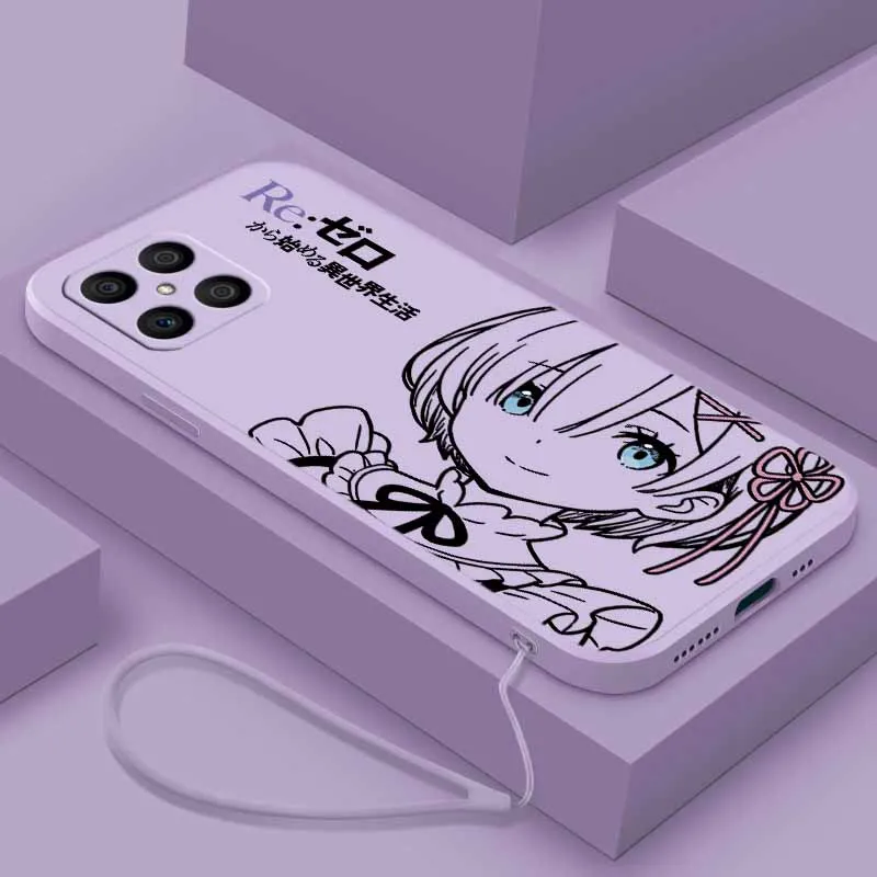 Coque de téléphone en silicone liquide avec cordelette, motif Emilia mignon, pour Xiaomi Mi 15 15T 14 14T 13 12 11 POCO X8 X7 M7 F7 F8