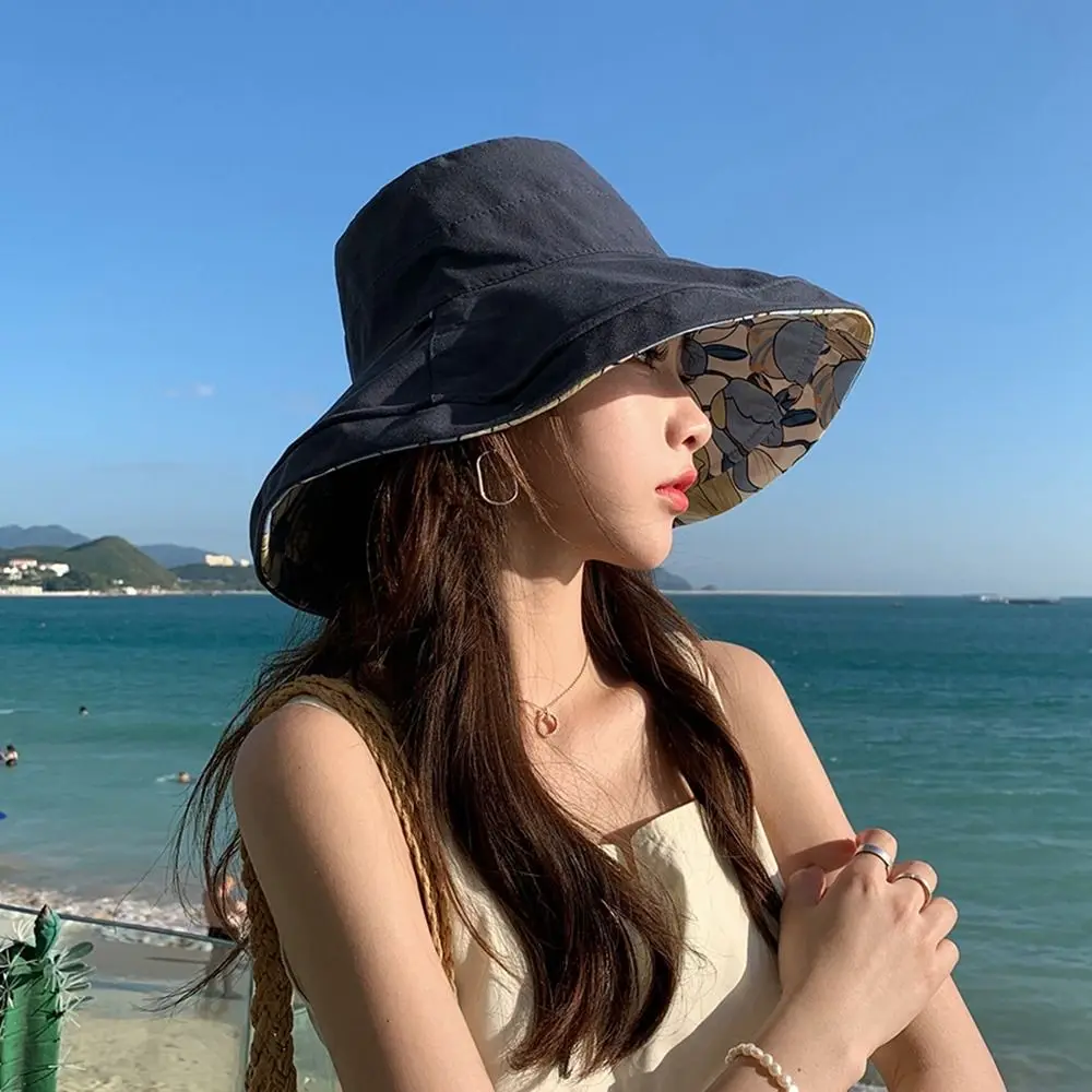 Double-Sided Women Fisherman Hat Flower Print Solid Color Summer Sun Hat Sun Protection Wide Brim Sunscreen Visor Cap Ladies