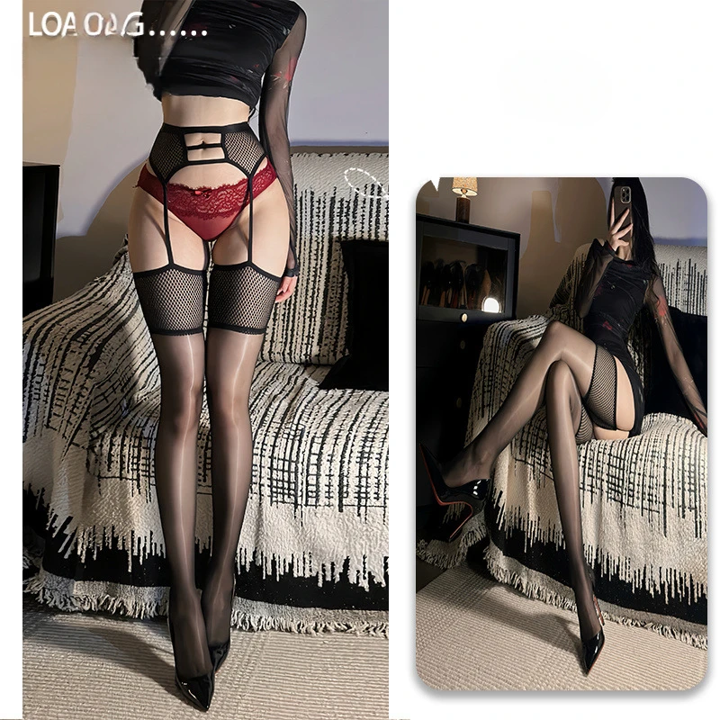 Sexy grid waist corset suspender stockings women saddle oil red purple black medias club influencer thigh high socks open crotch