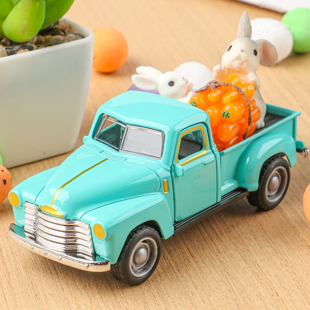 Mini retro truck with bunny, easter egg, carrot sculpture - available in pink and blue, with openable doors, for collection, des