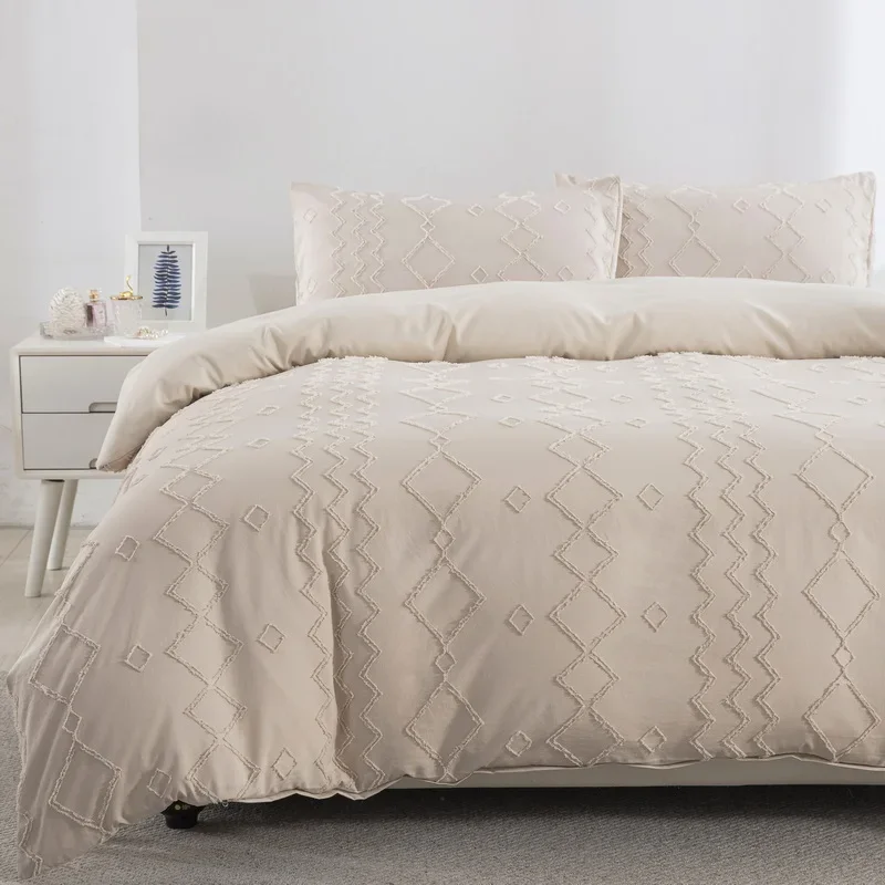

Beige Boho Duvet Cover Queen Size Tufted Solid Comforter Covers for All Seasons, Modern Geometric Striped Bedding for Women Men