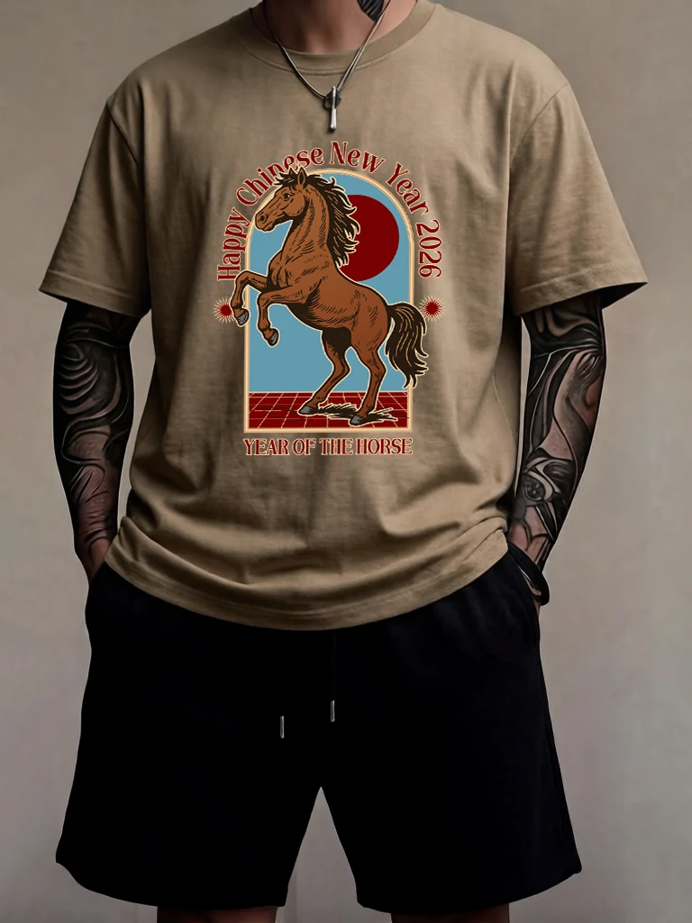 

Happy Chinese New Year Of Horse Printed Breathable All-Match Man'S Tops Sets Casual Summer Pants Cotton Beach O-Neck T-Shirt