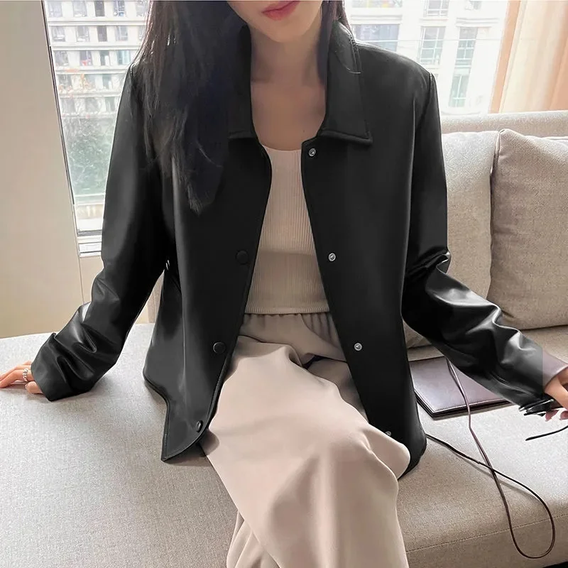 Autumn Ladies Flip Collar Large Size 4XL PU Leather Jacket Women No Cracking Skin Leather Clothing 2024 Female Faux Leather Coat