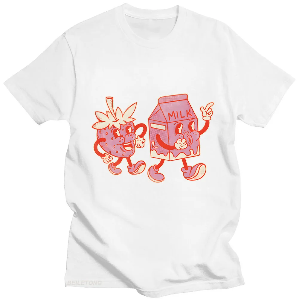 Strawberry Milk T-shirt Cartoon Print Harajuku Kawaii Tee-shirt Short Sleeve Cute Cotton Tshirt Camisetas Casual O-neck Clothing