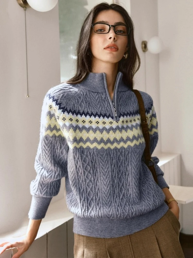 

OLrain полосатый повседневный свитер для женщин, осень 202, жаккардовый пуловер с воротником до половины молнии, вязаные женские топы O57QM000869