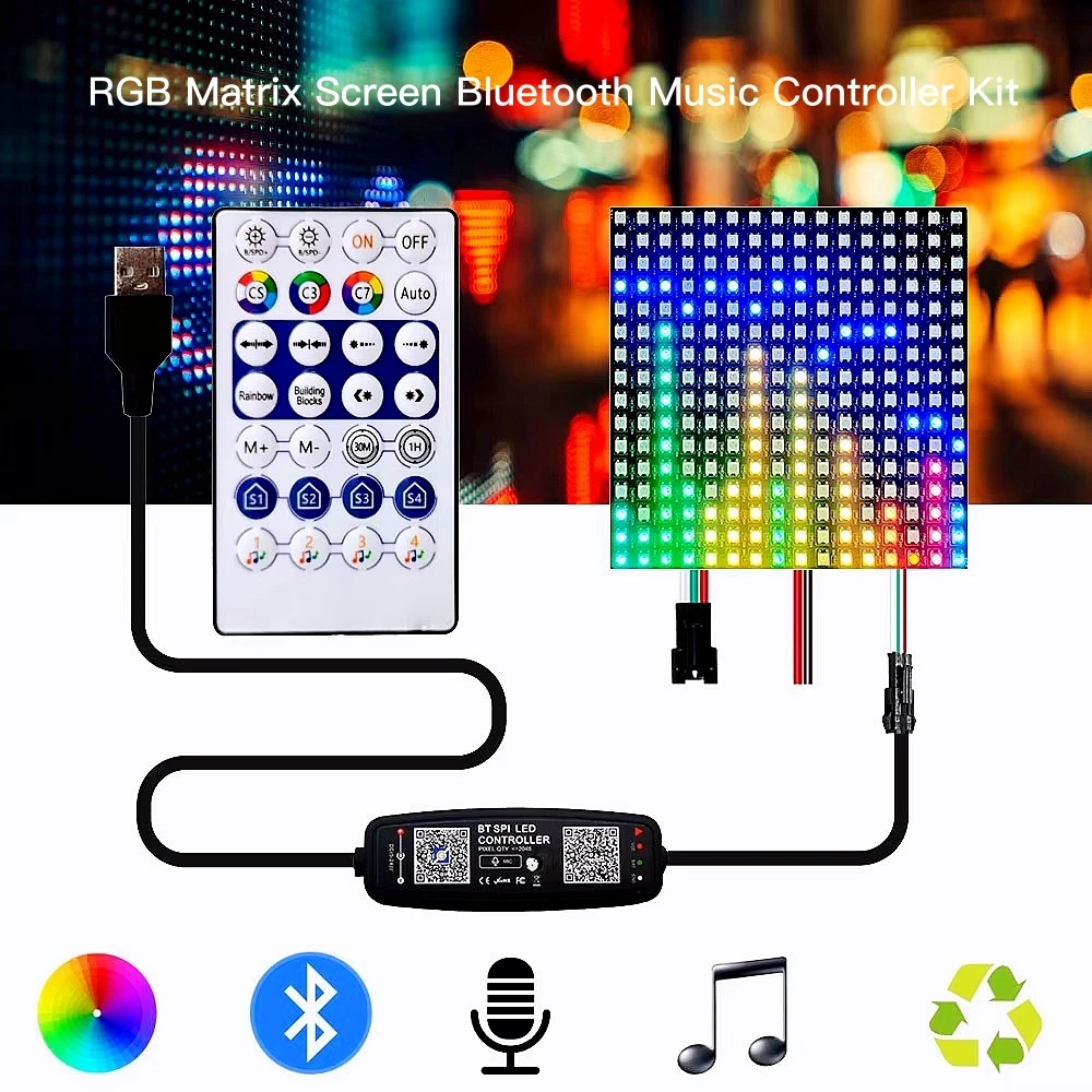 

WS2812B RGB pixel matrix screen ECO individually addressable digital flexible programmable DC5V, 28key Bluetooth controller kit