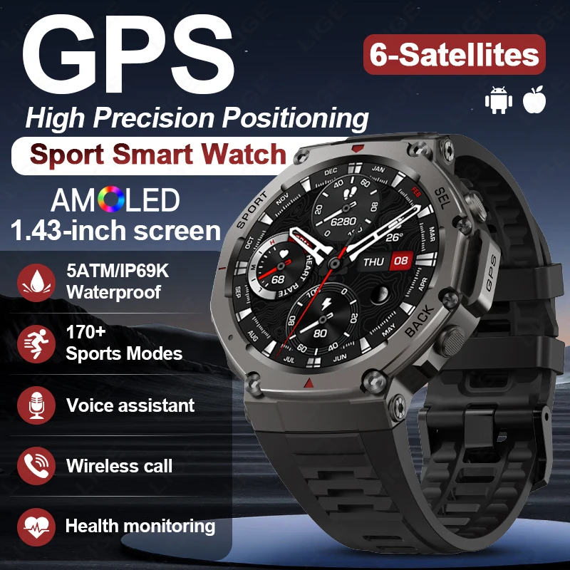 

Смарт-часы LIGE 500 мАч для мужчин, двухдиапазонный GPS, водонепроницаемость 5ATM, альтиметр, компас, звонки по Bluetooth, для активного отдыха, новинка 2026 года
