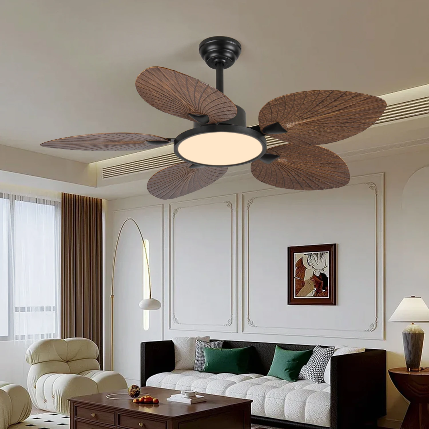 52 Inch Tropical Palm Leaf Ceiling Fan with Light & Remote, 6-Speed Reversible Quiet DC Motor, Indoor/Outdoor Hanging Fan for Bedroom, Living Room, Patio, Porch
