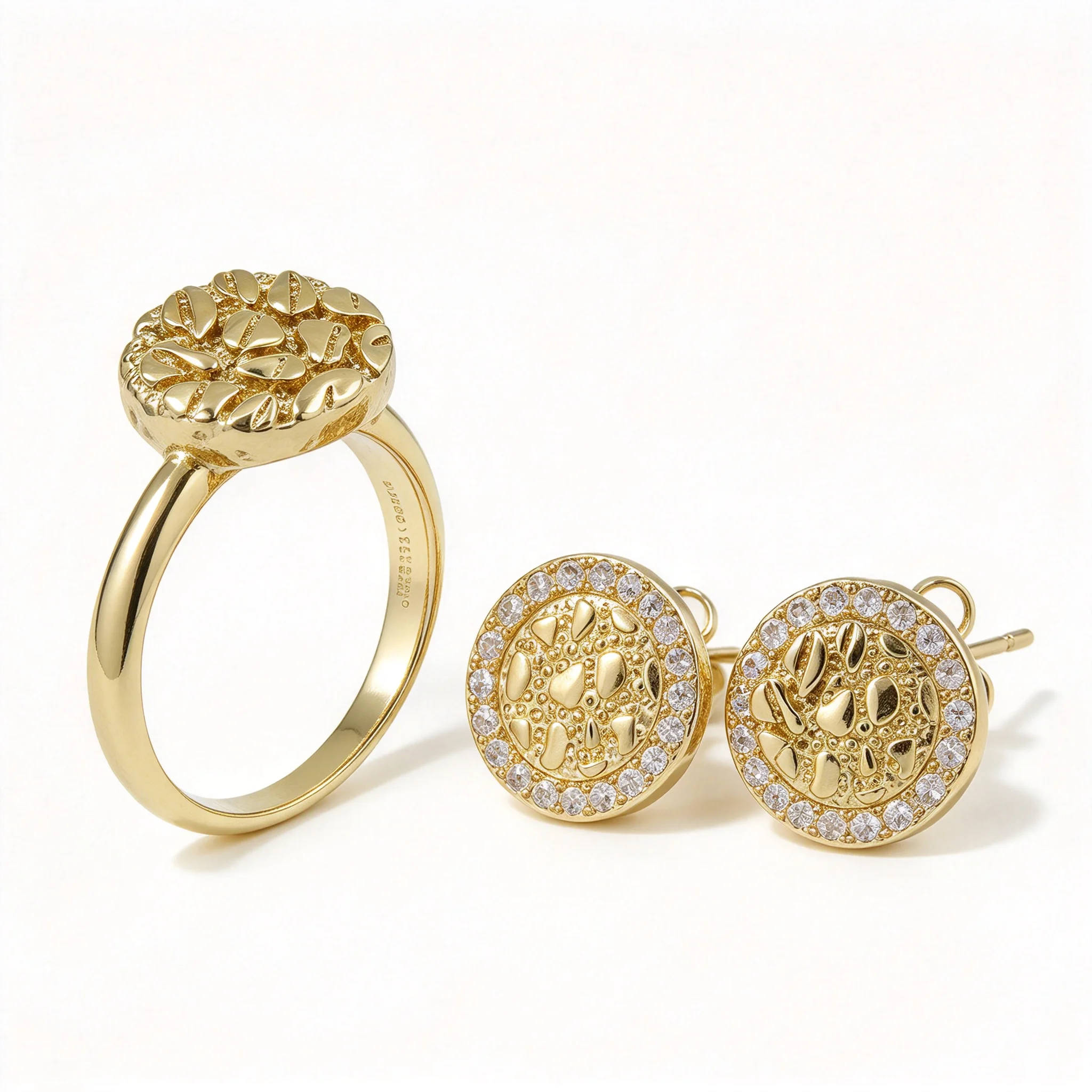 Unisex 14K Gold Plated Cz Nugget Earrings And Coin Ring Set Textured Rough Punk Style for Women Dancing Jewelry