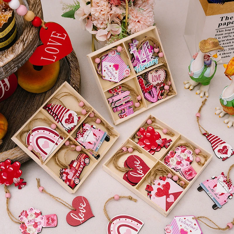 12 PC วาเลนไทน์แขวนไม้ตกแต่งวันหยุดรักดอกไม้วาเลนไทน์เครื่องประดับวันวาเลนไทน์ตกแต่ง Love ซองจดหมายจี้