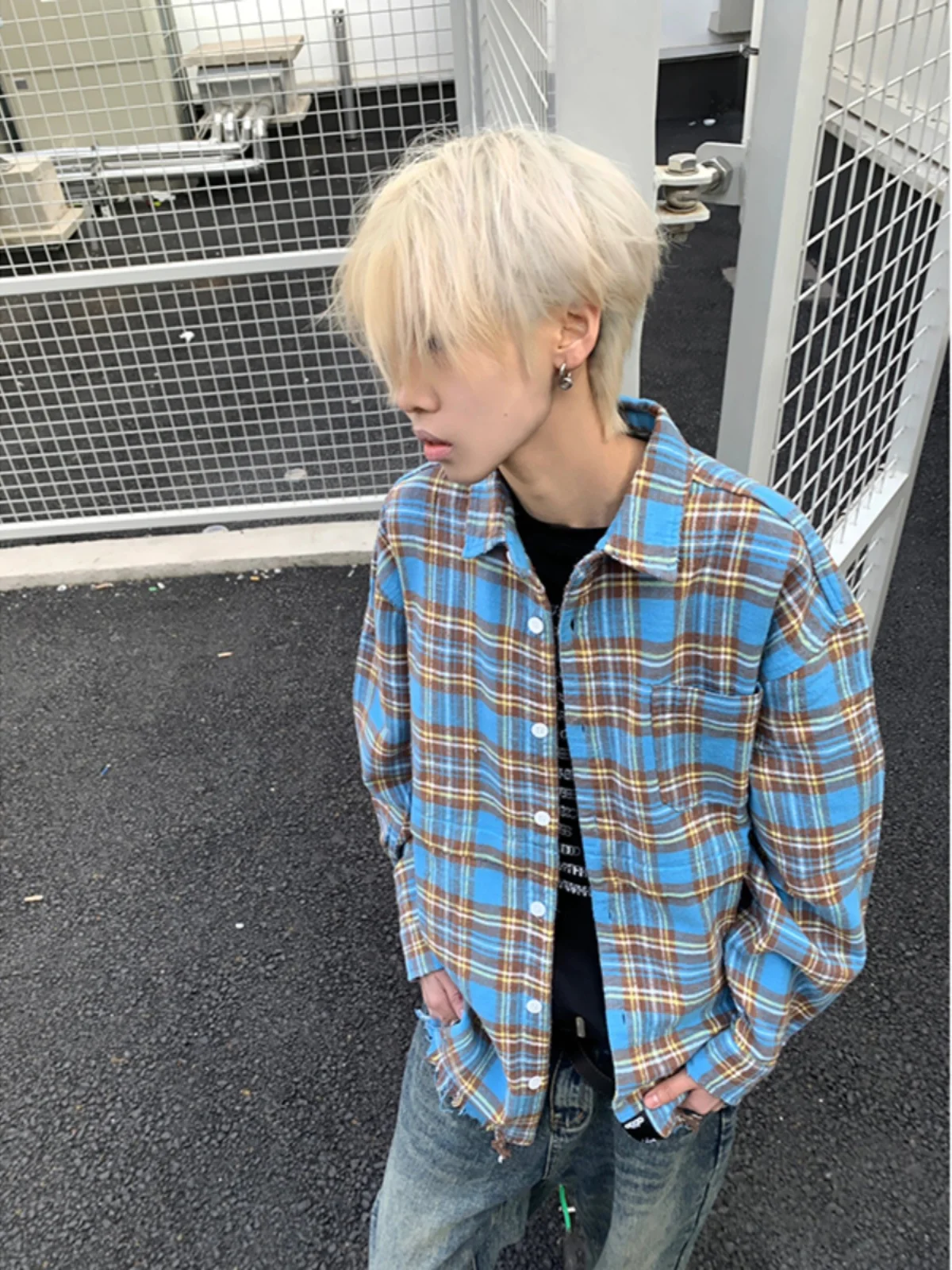 Trendy Plaid Long Sleeve Shirt Street Style for Teen Boys Spring 2024 New Destroyed Jacket Outerwear Casual Loose Fit Polyest...