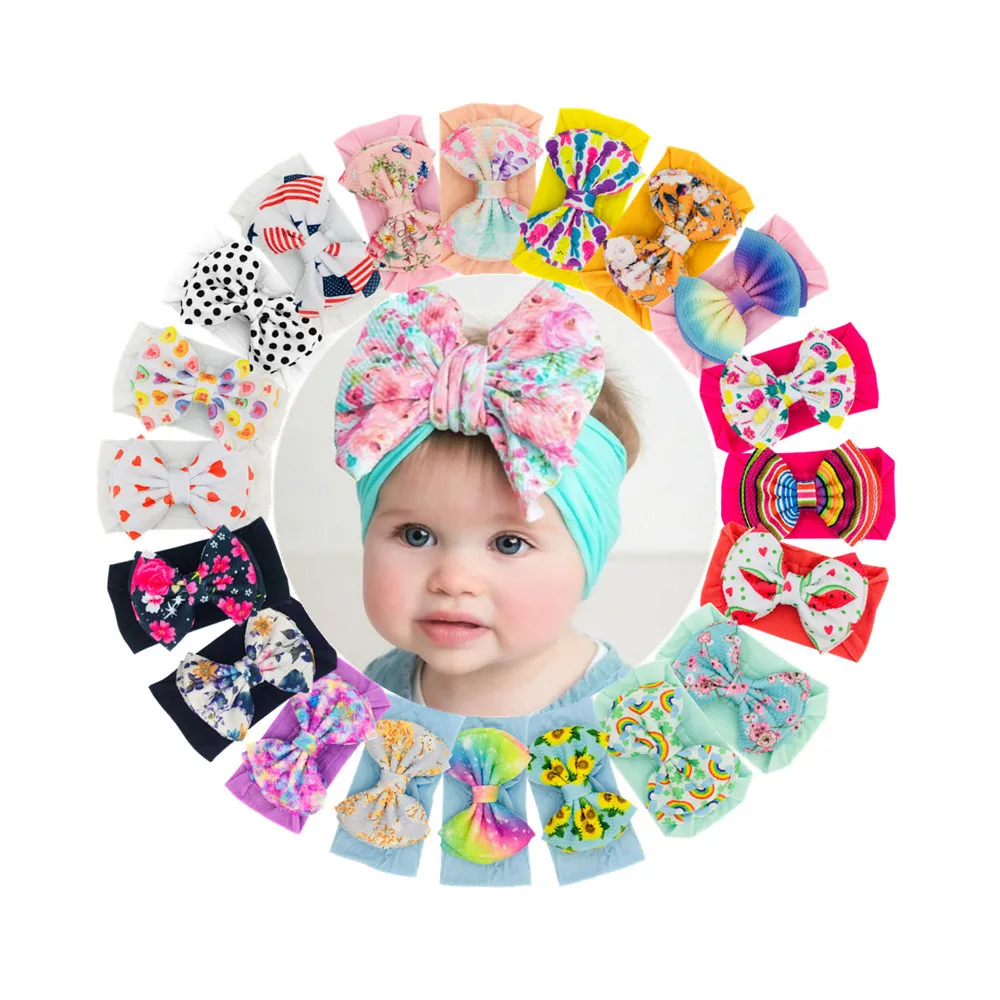 

100 Pcs Wholesale European And American Kids Soft Nylon Headband Baby Print Bubble Fabric Bow Stretch Headband Headgear