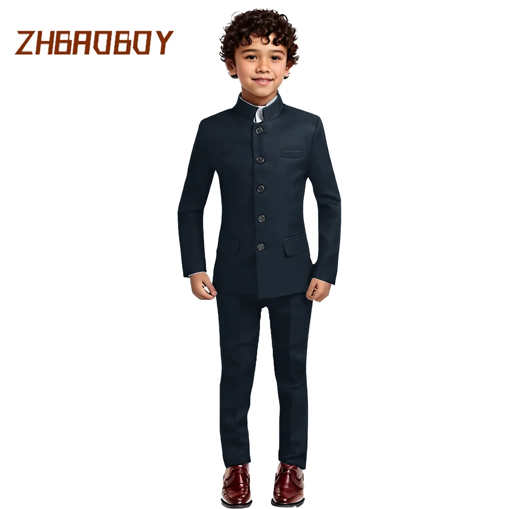 Boys Suit Mandarin Collar Suit 2 Pieces Slim Fit Chinese Formal Suits for Boys Traditional Wedding Outfit