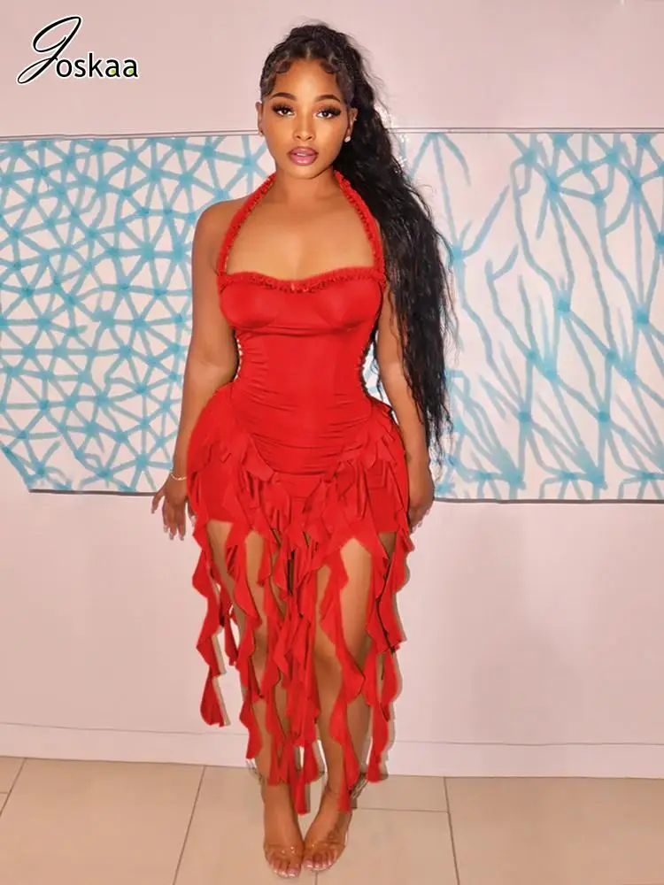 Joskaa solidna Halter nieregularne obszyty frędzlami sukienki na wakacje kobiety Sexy Ruched Party OL elegancka sukienka wakacje 2024 odzież klubowa