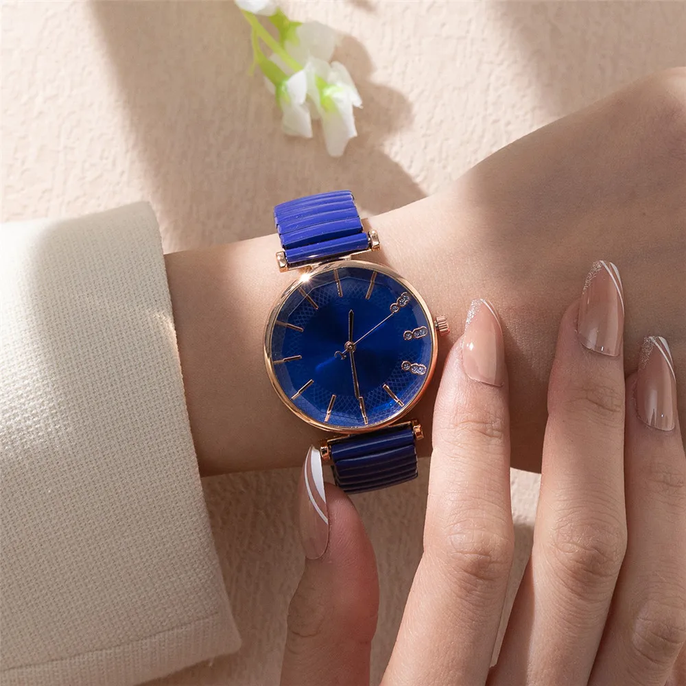 Lujo Tesoro Azul Sencillo Cristal Señoras Reloj de Cuarzo Casual Acero Inoxidable Correa elástica Moda Mujeres Vestido Relojes