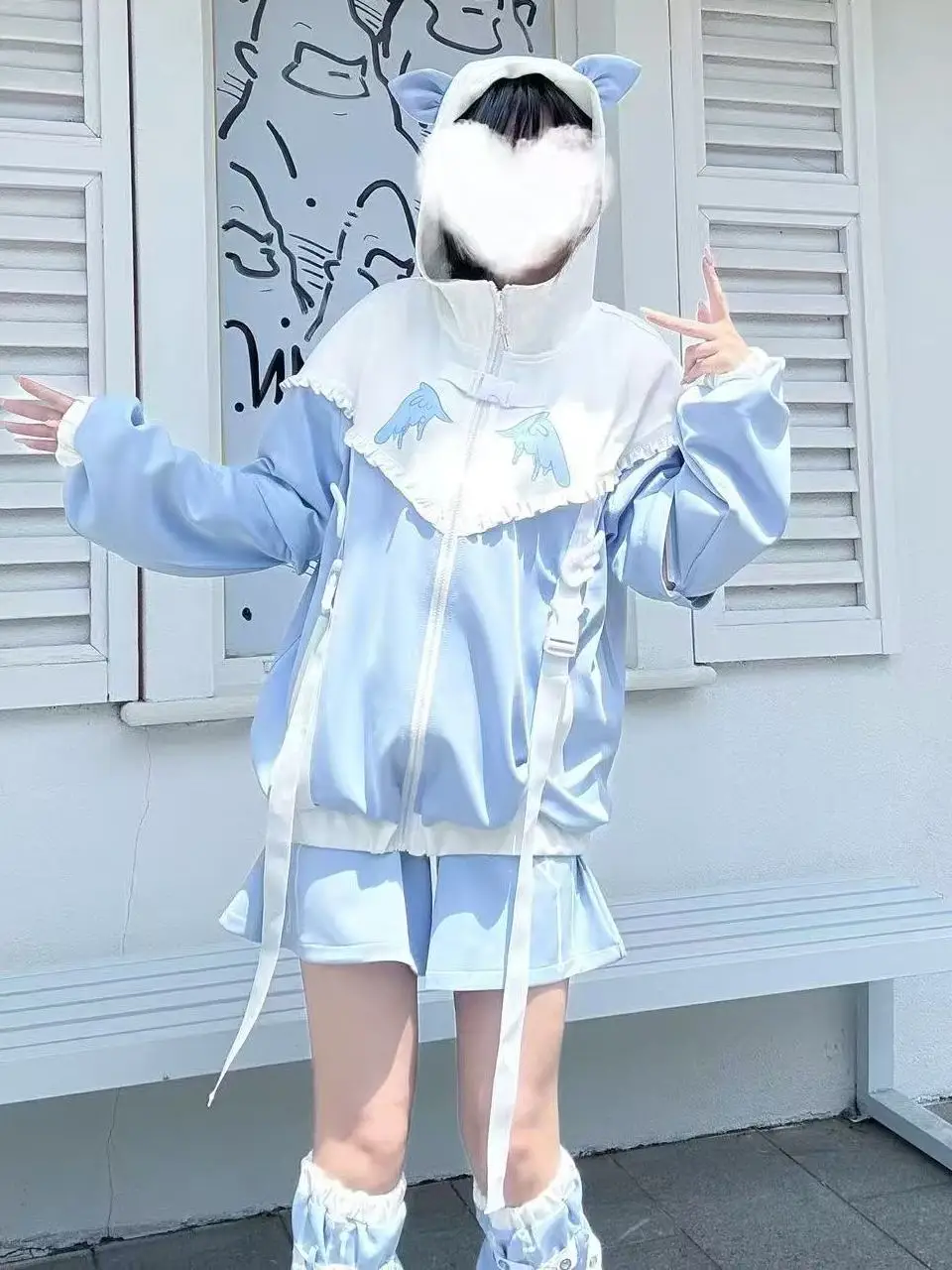 Original Japanese Subculture Water Color System Removable Sleeve Jacket Shorts Leg Cover 3 Piece Set Girl's Sweet Hooded Jacket