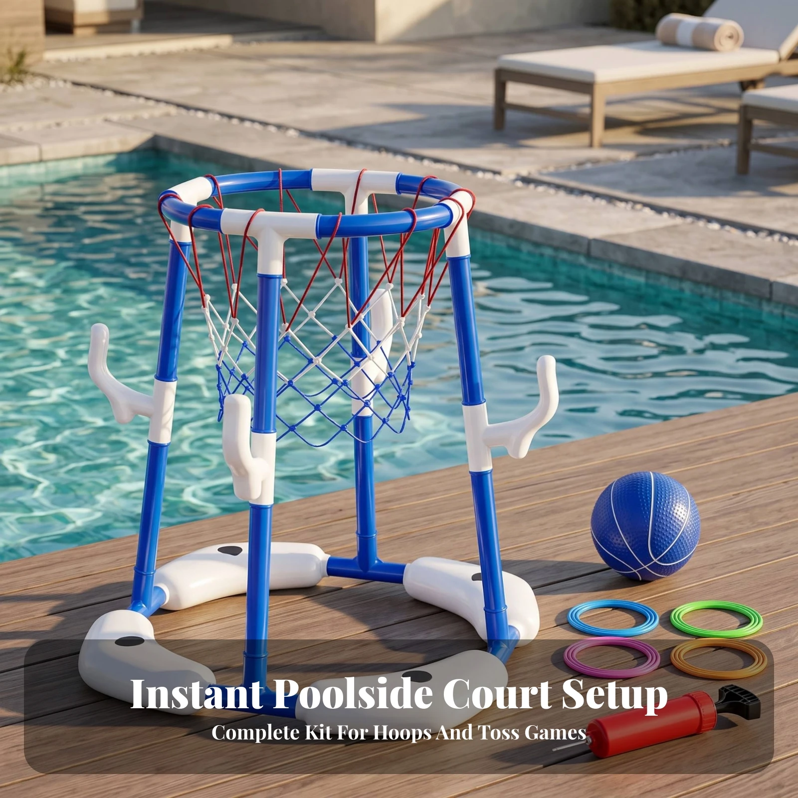 Pool Basketball Hoop with Loop Toss Game Outdoor Floating Basketball Hoop with Rings Floating Pool Game Portable for Children