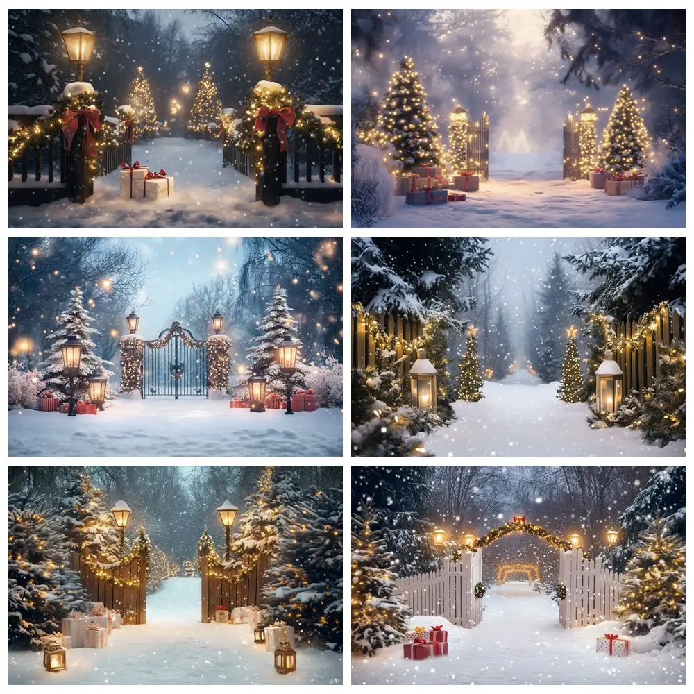 

Christmas Winter Photography Backdrop Snow Forest Pine Trees Street Lamp Kids Portrait Family Photography Background Decor Props