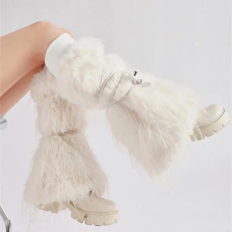 E56A Women Ribbed Knit Cuffs Fuzzy Leg Warmers Boot Covers Harajuku Ties Bandage Furry Plush Leggings Covers Socks Streetwear