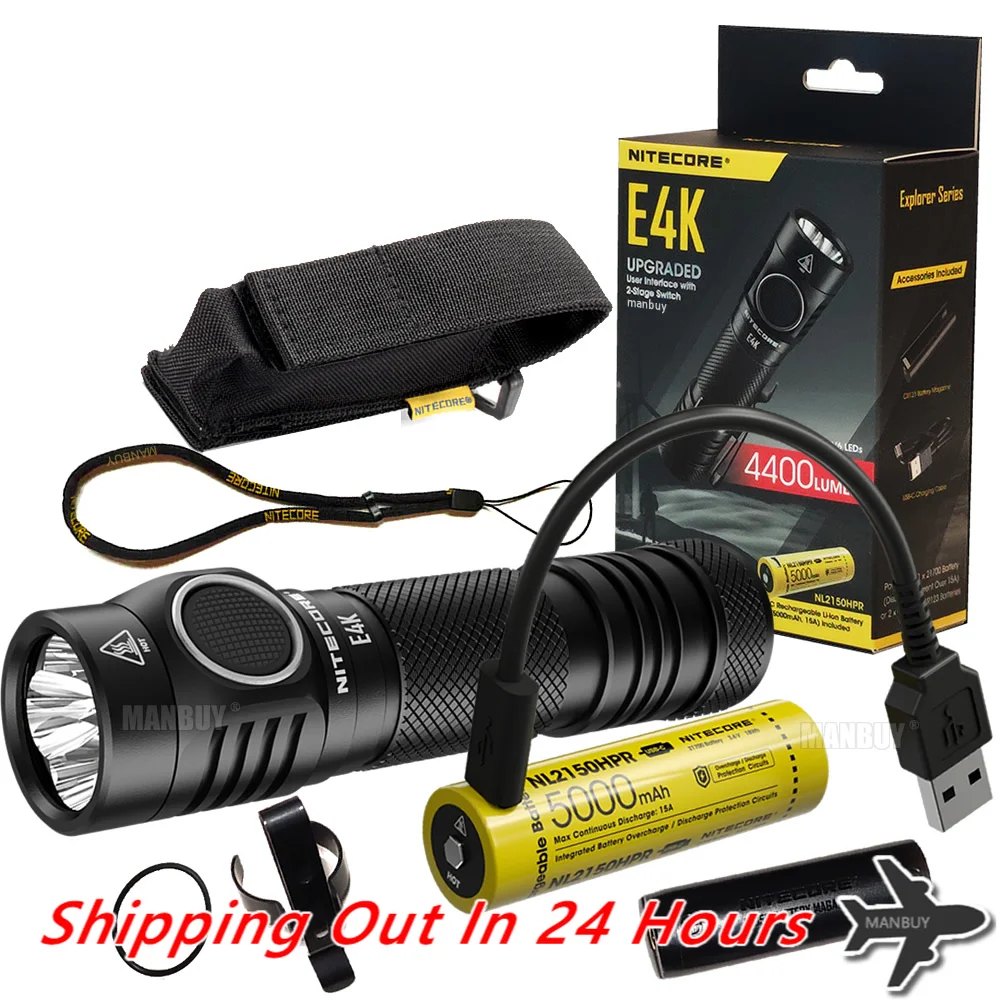 2024 Nitecore E4K 4400 Lumens Compact EDC Flashlight 4xCREE XP-L2 V6 LED Torch with NL2150HPR 5000mAh 21700 Rechargeable Battery