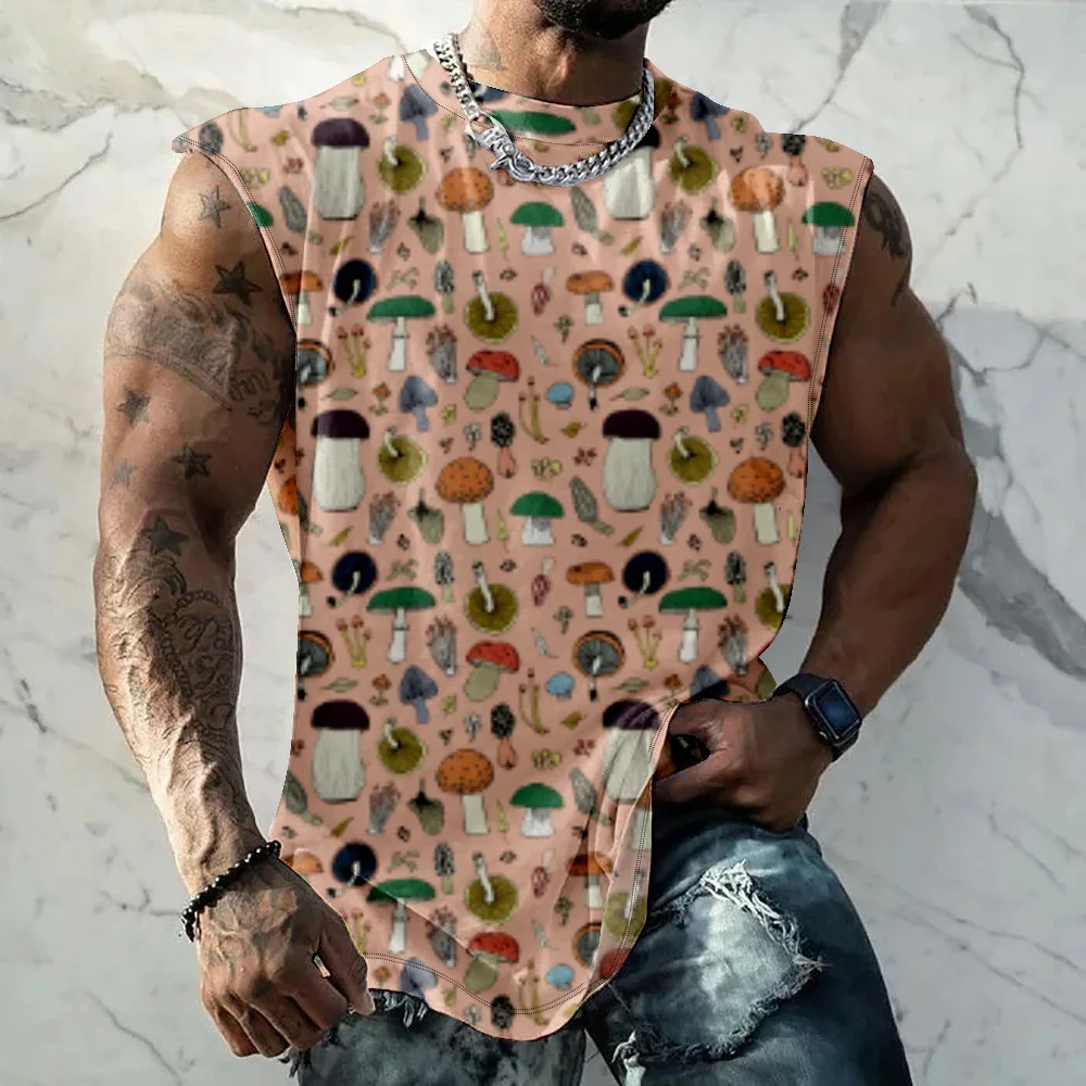 Gym Stringer Pink Mushroom Print Tank Top Men Bodybuilding Sleeveless Shirt Man Fitness Vest Singlet Sportwear Workout Clothing