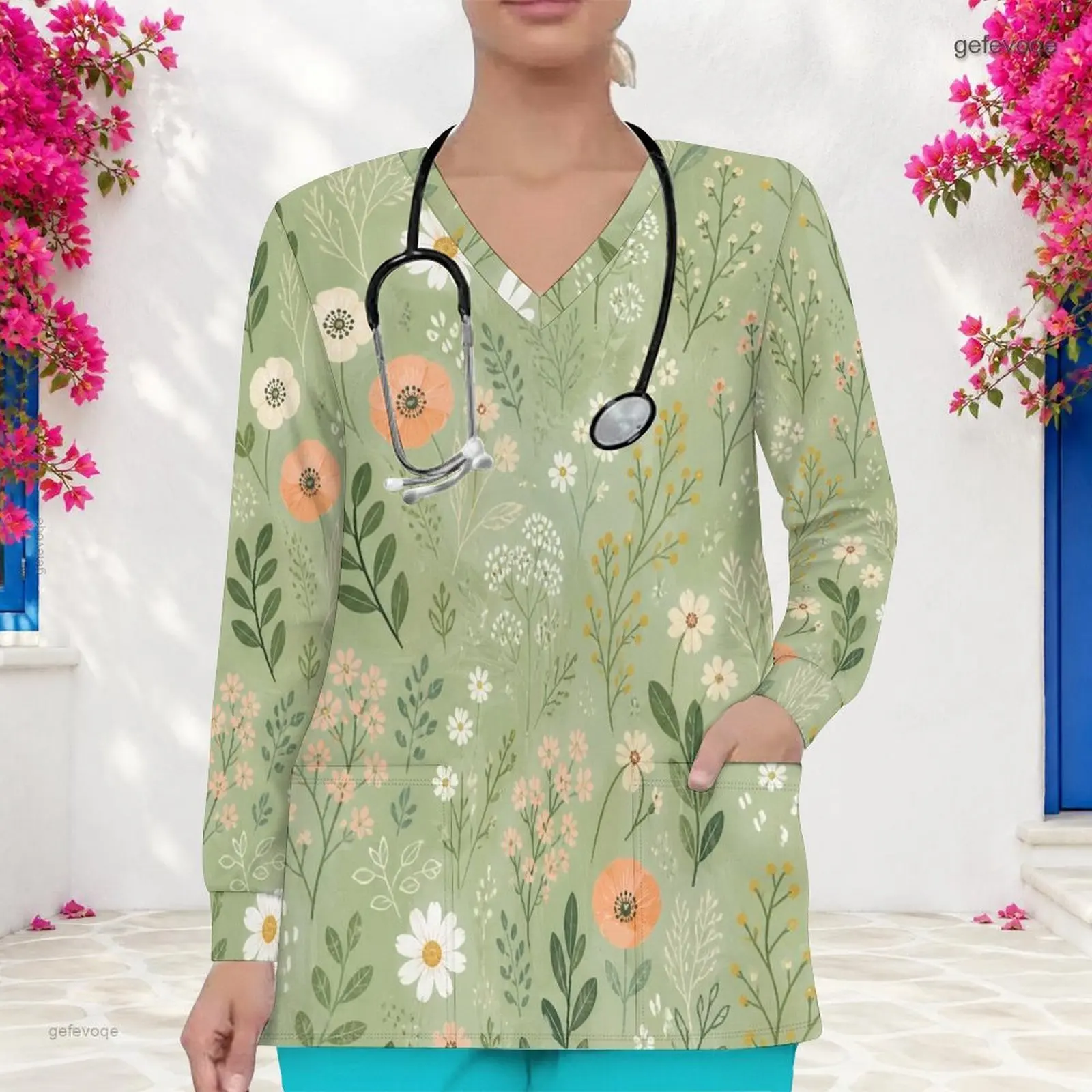 V Neck Long Sleeve Front Pockets Printed Scrub Top for Women