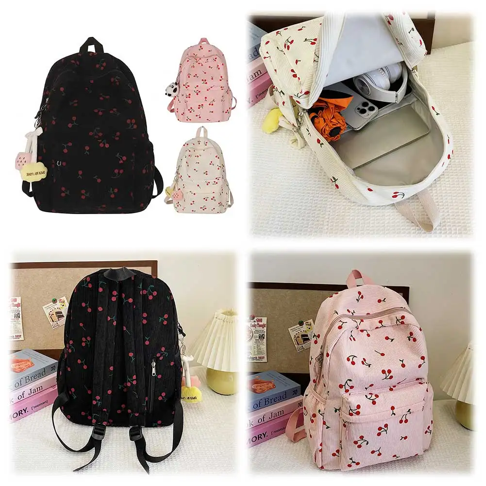 Mochila de pana con diseño de cereza para mujer, mochila de viaje con correa ajustable, mochila para ordenador portátil, mochila con cremallera para el trabajo, compras y escuela