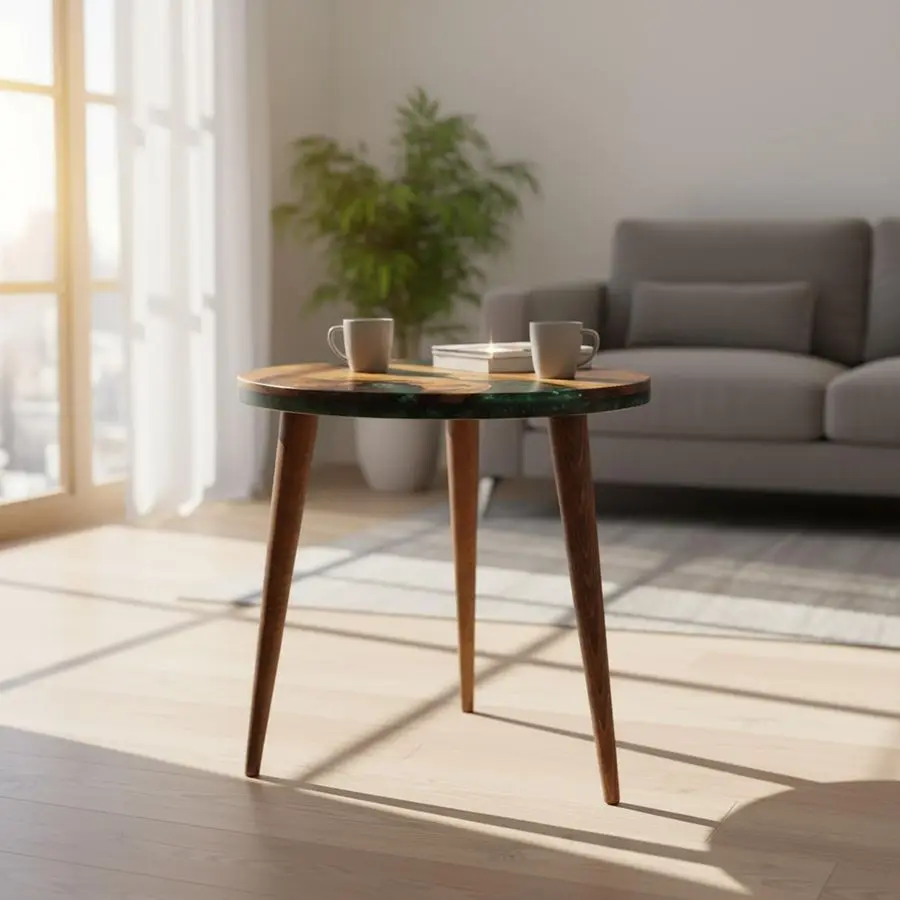 الراتنج الجوز طاولة جانبية مستديرة الايبوكسي نهاية الجدول طاولة القهوة منتصف القرن الحديثة الراتنج الجوز أثاث غرفة المعيشة اللون الأخضر