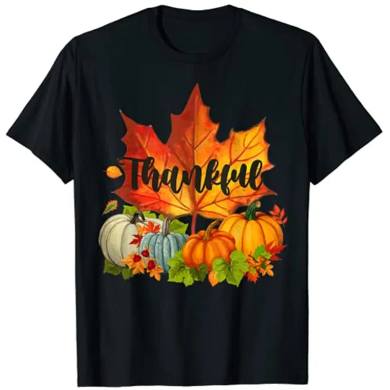 Happpy Thanksgiving Day Autumn Fall Maple Leaves Thankful T-Shirt Graphic Tee