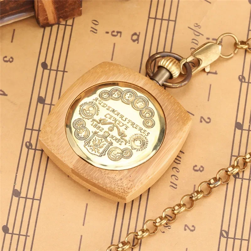 Antique Wooden Pocket Watch Bamboo Skeleton Auto Mechanical Watches Men Women Skeleton Clock Pendant Chain Collectable Reloj