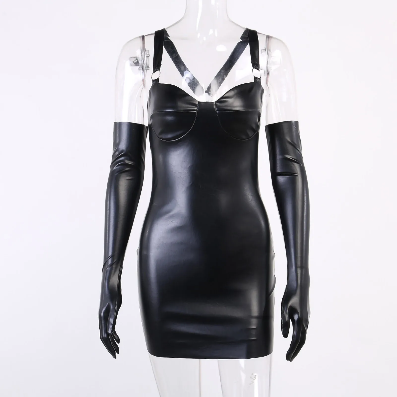 Sexy Leather Dress Gothic Bodycon Strap Metal Circle Decro Women Mini Dress With Gloves 2 Pieces Fashion Party Club Dresses 2024