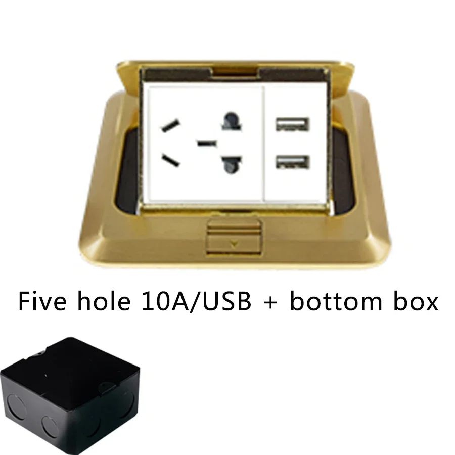 Solid Copper Gold Panel Pop-Up Floor Socket 10A With USB Charging Port, Customizable Power Socket Module Combination