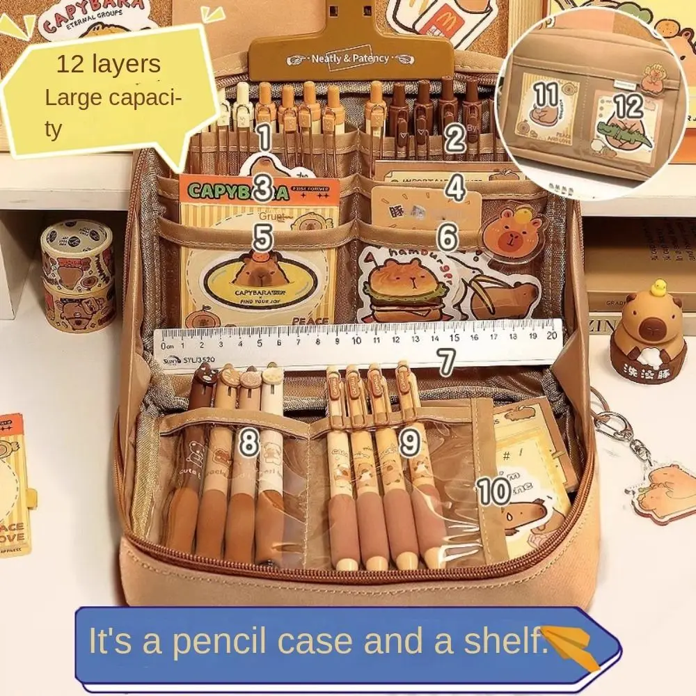 Large Capacity Capybara Pen Bag Trendy Cute Canvas Pen Case Multifunctional Hand-held Storage Pouch for Students