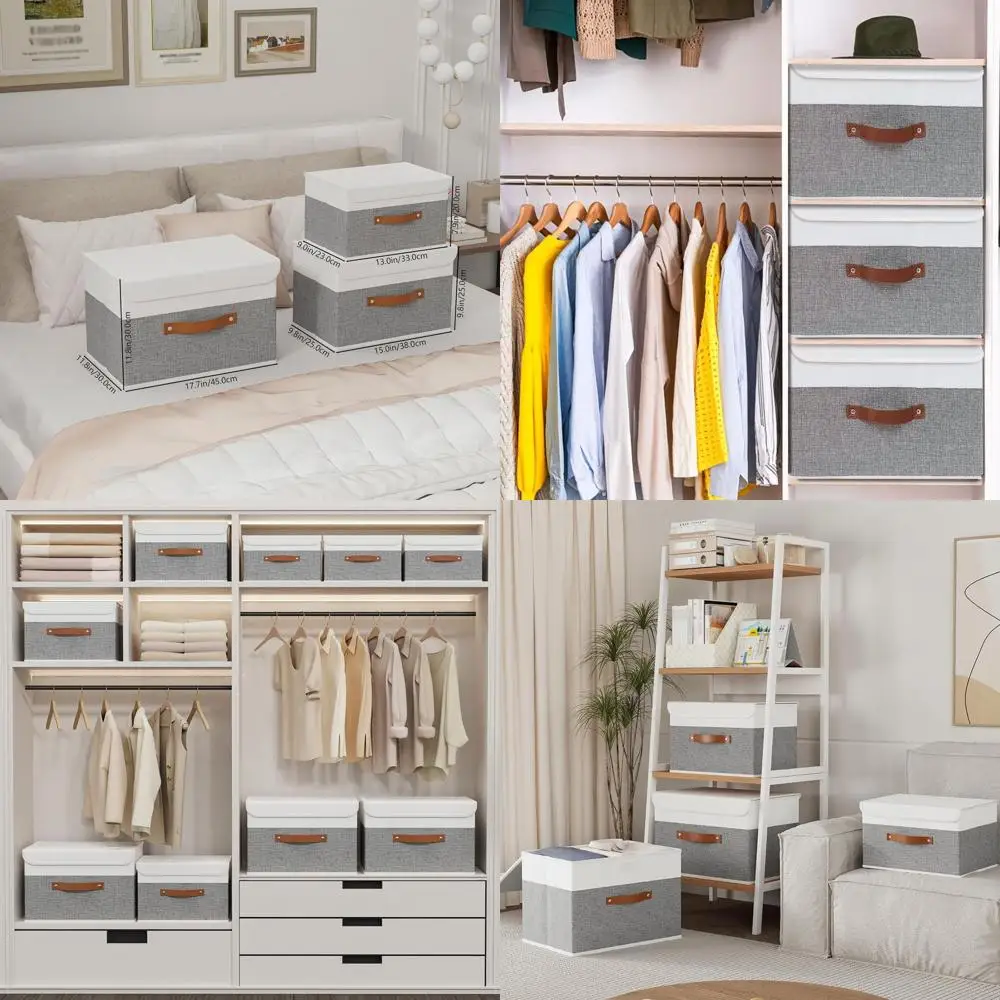 

Набор из 3 складных тканевых коробок для хранения с крышками, моющиеся, с кожаными ручками, для дома и гардероба, белый/серый, 13x9x7.9 дюймов