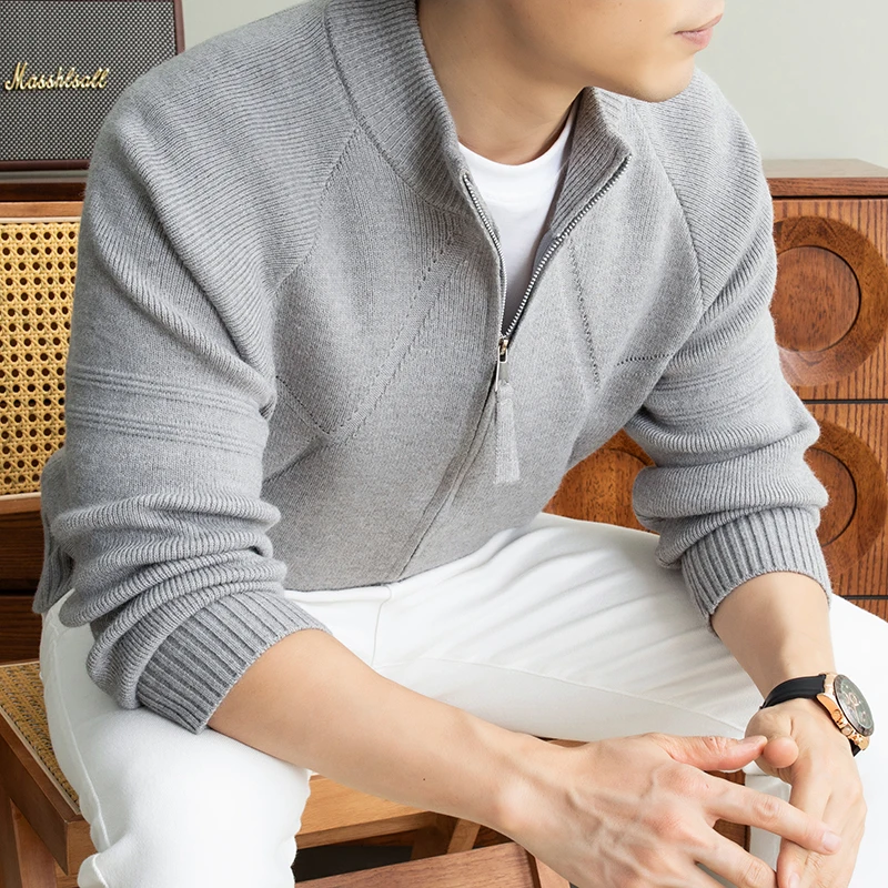 Light luxury fashion men's sweater cardigan new double zipper semi high neck solid color warm soft comfort high-end knitted coat