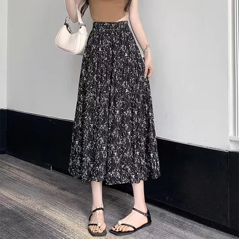 

Летние корейские юбки с цветочным принтом, женские удобные эластичные юбки с высокой талией для женщин, праздничная плиссированная юбка-миди Mujer