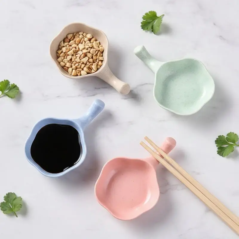 1Pcs Japanese Style Wheat Straw Seasoning Dishes With Ergonomic Handle Food Safe Material Perfect For Kitchen Serving Sauces