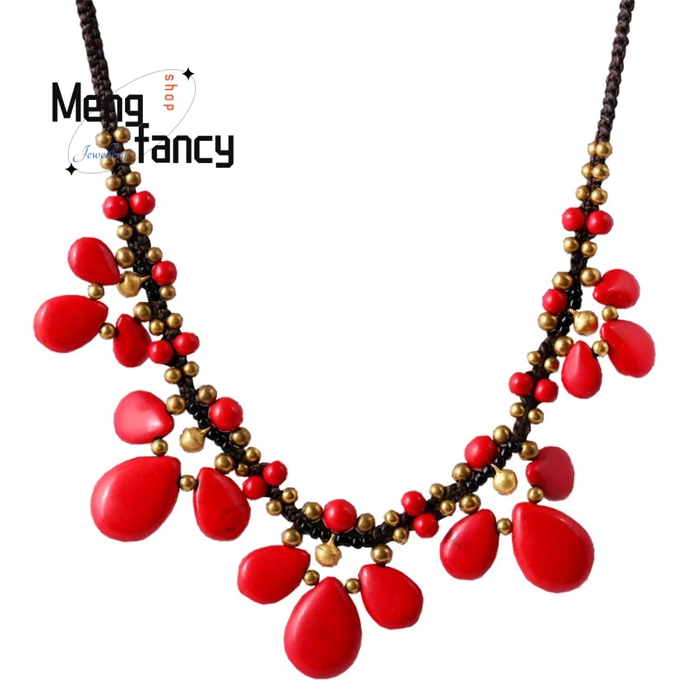 New Bohemian-Style Wax Thread Hand-Woven Collarbone Chain Turquoise Melon Seed Pendant Short Necklace Fashion Exquisite Jewelry