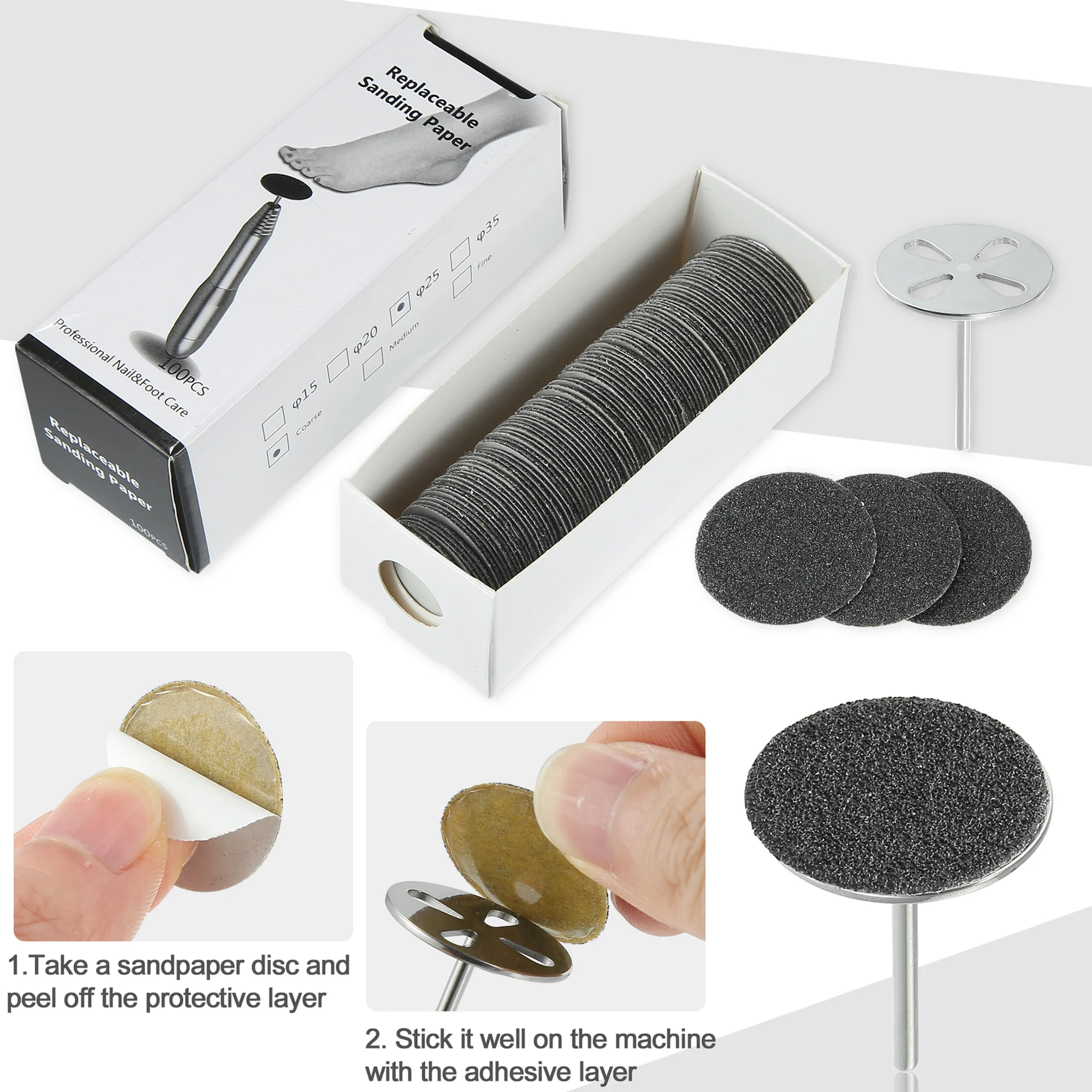 Vocallium 100 sztuk wymień papier ścierny z dyskiem 25mm 35mm 80 Grit Pedicure papier ścierny wiertło do paznokci akcesoria Foot Calluse Tool