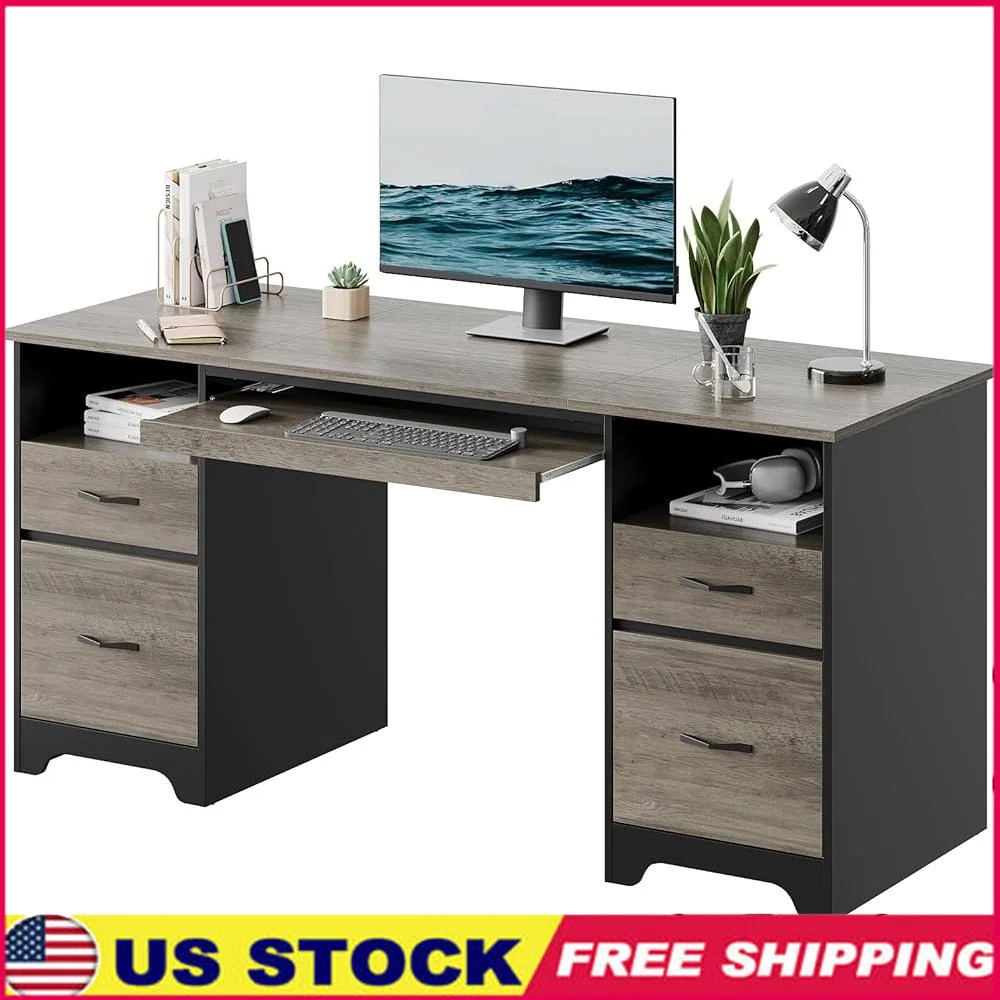

Computer Desk with 4 Drawers Office Storage Executive Workspace with File Drawer Keyboard Tray and Cable Management Home Office