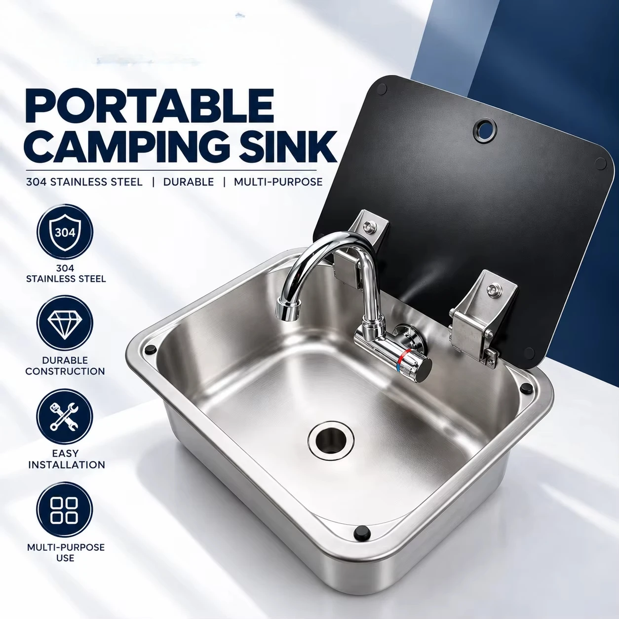 Cendal 304 Stainless Steel Modern Rectangular Portable Camping Sink Folding Faucet 5KG RV Outdoor Kitchen