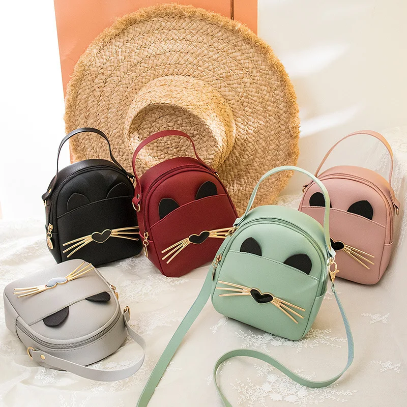 Women's Cute Cat Design Backpack Adjustable PU Leather Small Messenger Bag with Double Shoulder Straps Mini Small Backpack Purse