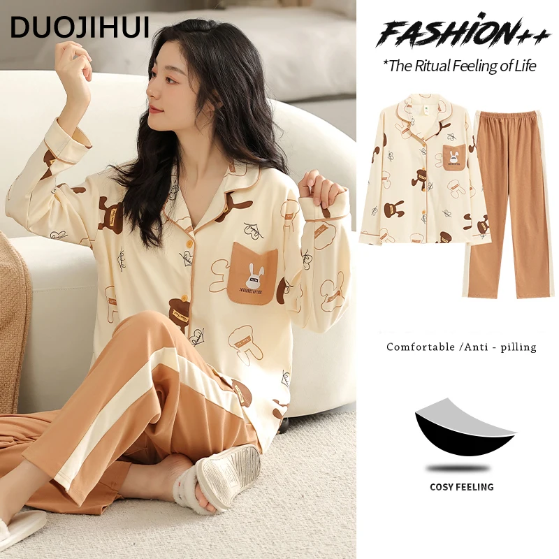 

DUOJIHUI Two Piece with Chest Pad Female Pajamas Set Single Breasted Cardigan Loose Simple Pant Casual Pocket Pajamas for Women