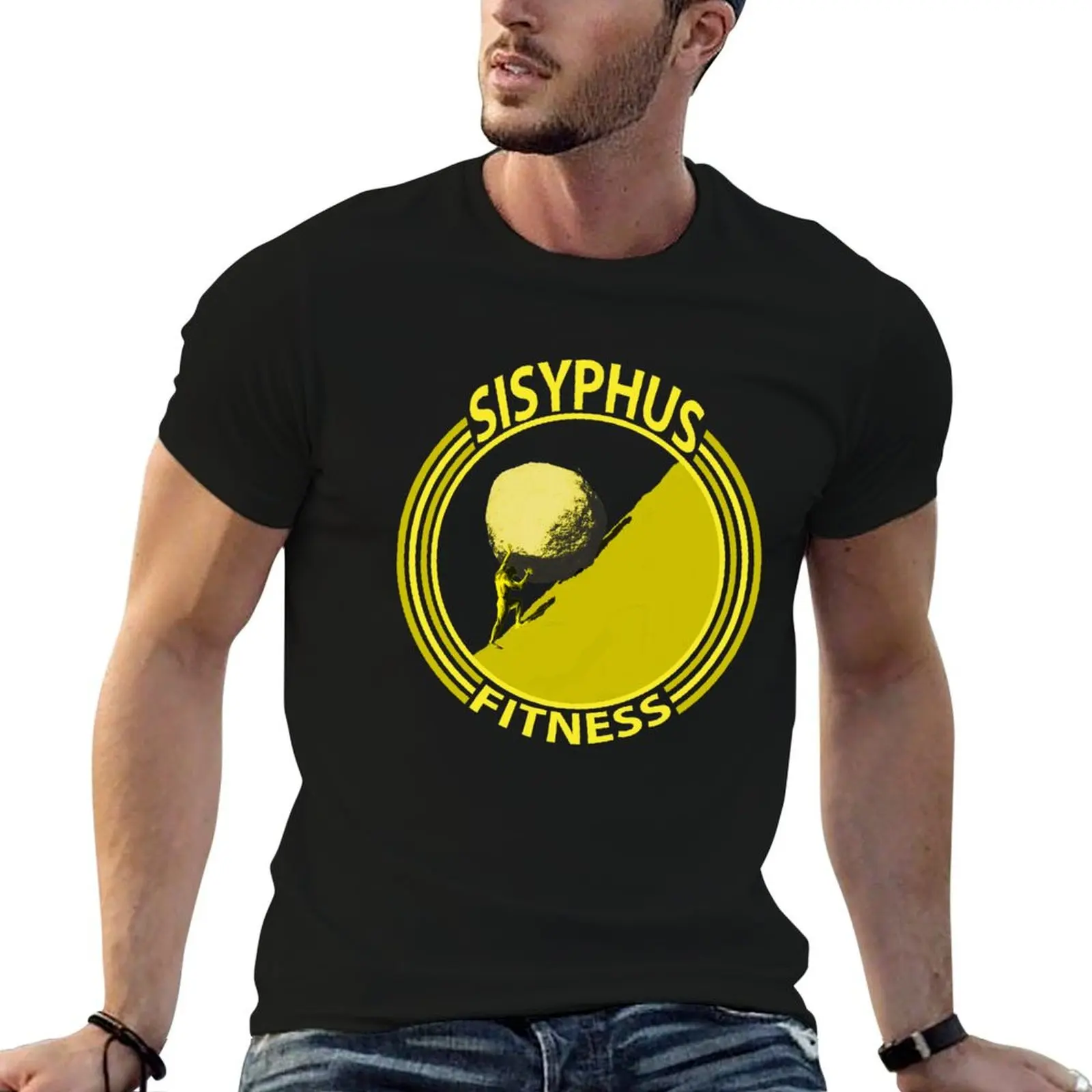 Футболка Sisyphus Fitness (желтая) для мужчин, винтажные футболки с графическим принтом, футболки из 100% хлопка.