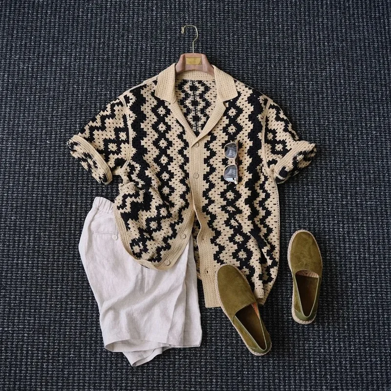 Men Vintage Check Hollow Knit Short Sleeve Cardigan Loose Breathable Open Front Top S 4XL