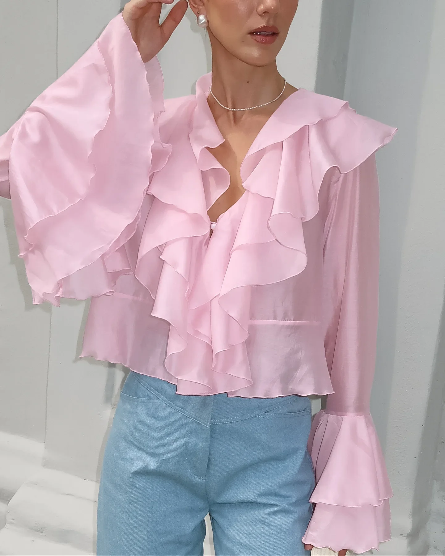 

Loose Sweet Pink Shirt Women Summer Fashion V-Neck Long Sleeve Shirts Tops Elegant Fairycore Ruffles Blouse Female Clothing